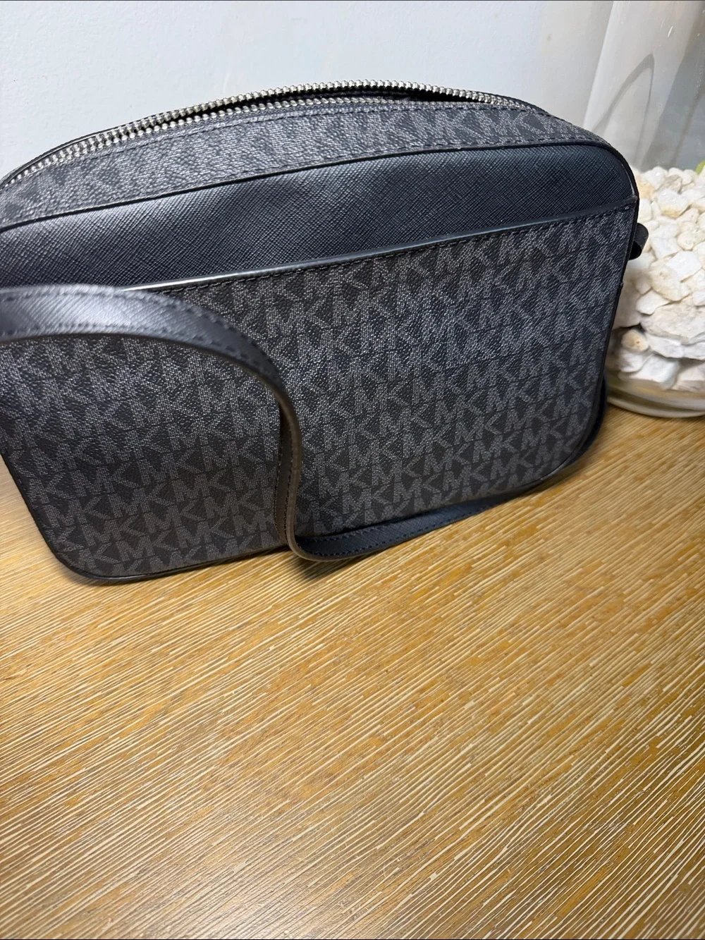 Michael Kors Black Signature Monogram Crossbody Bag with Silver Chain
